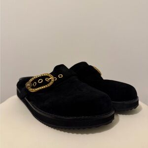 Kurt Geiger Mayfair Crystal Embellished Eagle Head Buckle Black Mules